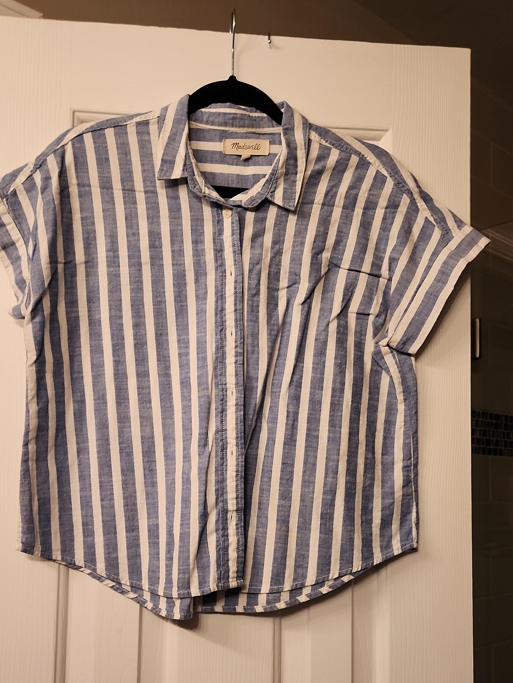 Madewell Blue and White Vertical-Stripe Short-Sleeve Button-Down